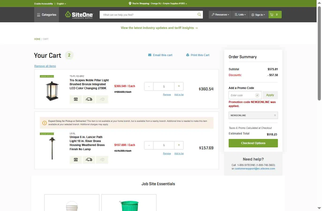 SiteOne checkout page showing SiteOne promo code box | Screenshot taken by SimplyCodes community member on Aug 17, 2025