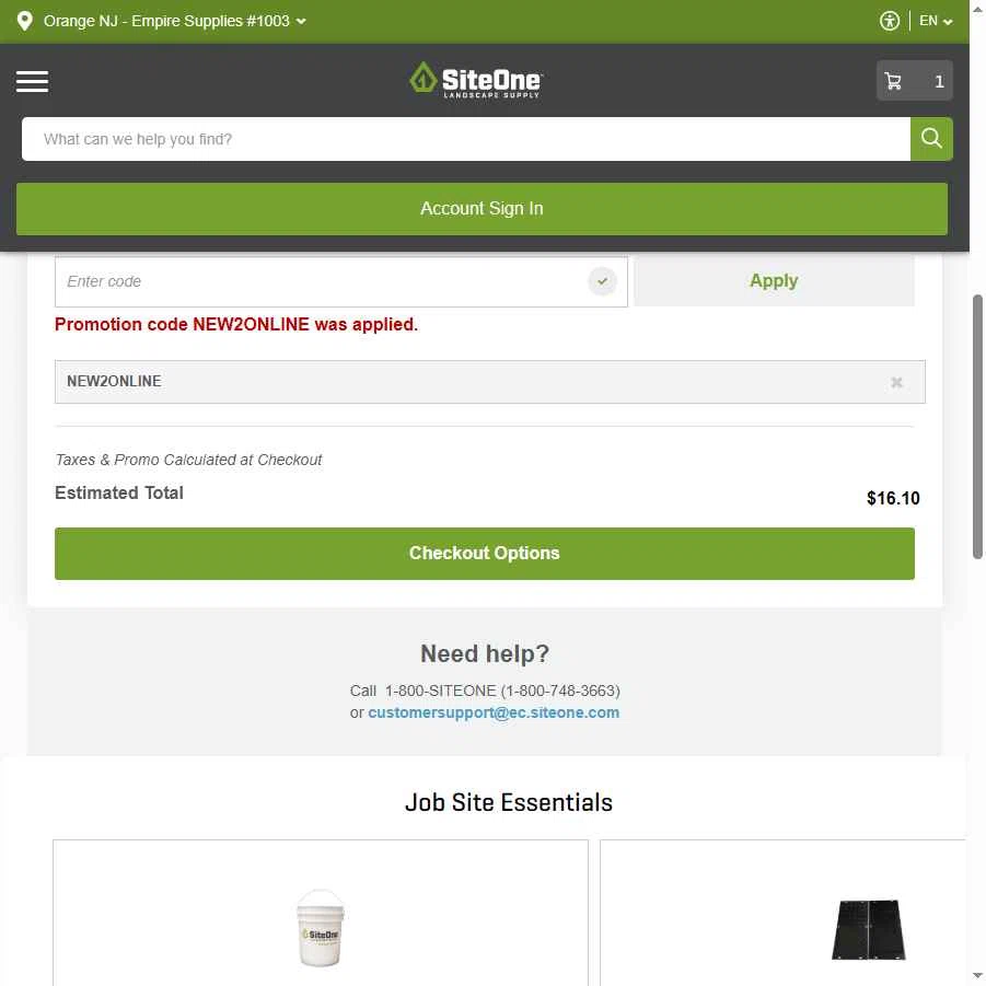 SiteOne checkout page showing SiteOne promo code box | Screenshot taken by SimplyCodes community member on Oct 13, 2025