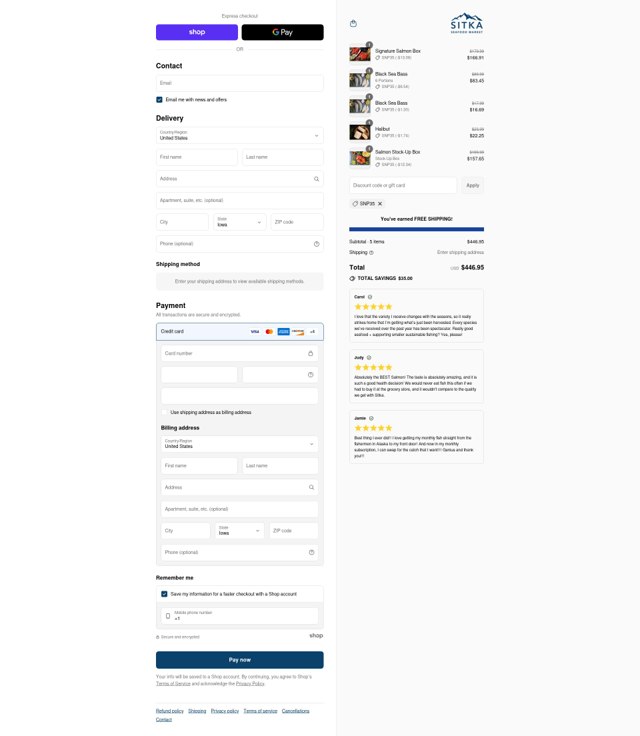 Sitka Seafood Market checkout page showing Sitka Seafood Market discount code box | Screenshot taken by SimplyCodes community member on Sep 4, 2025