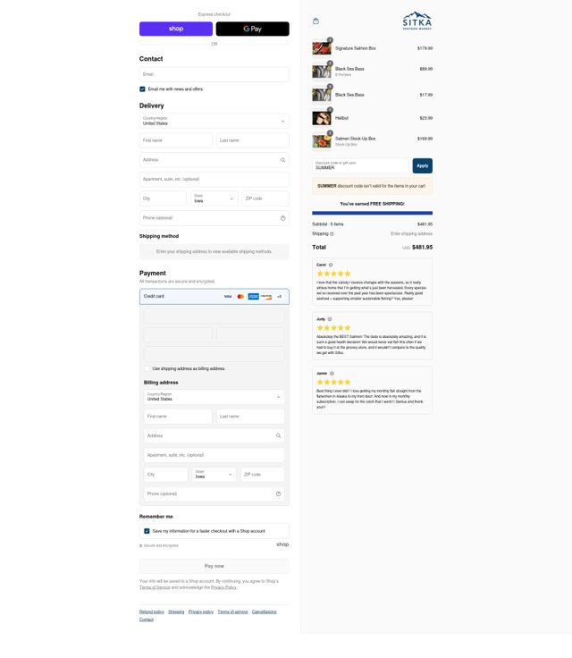 Sitka Seafood Market checkout page showing Sitka Seafood Market discount code box | Screenshot taken by SimplyCodes community member on Aug 31, 2025