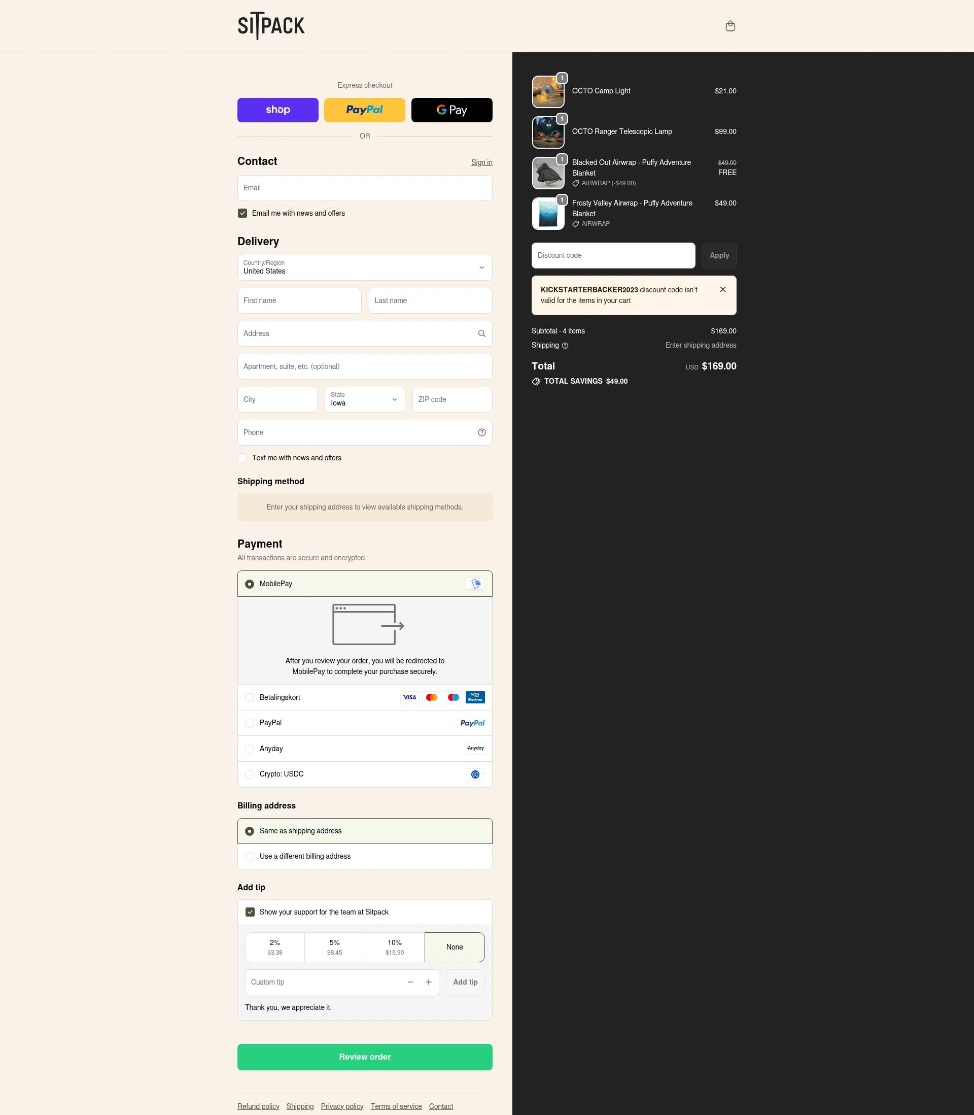 Sitpack checkout page showing Sitpack promo code box | Screenshot taken by SimplyCodes community member on Jan 10, 2026