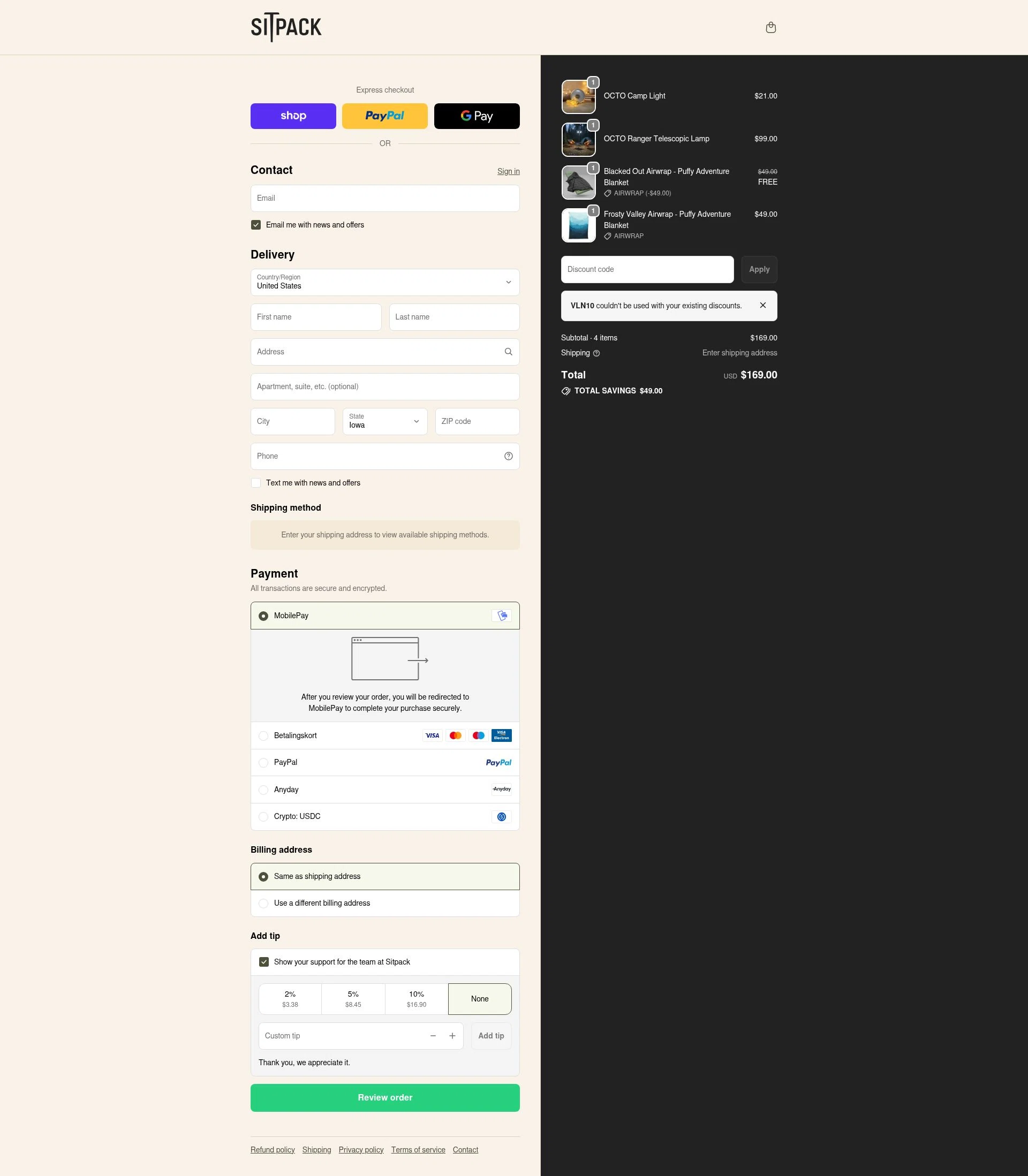 Sitpack checkout page showing Sitpack promo code box | Screenshot taken by SimplyCodes community member on Jan 10, 2026