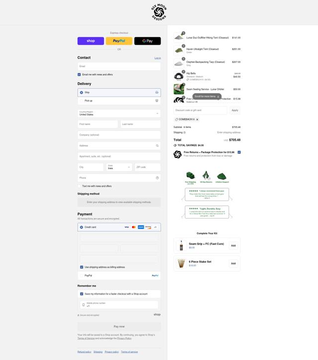 Six Moon Designs checkout page showing Six Moon Designs coupon code box | Screenshot taken by SimplyCodes community member on Sep 2, 2025