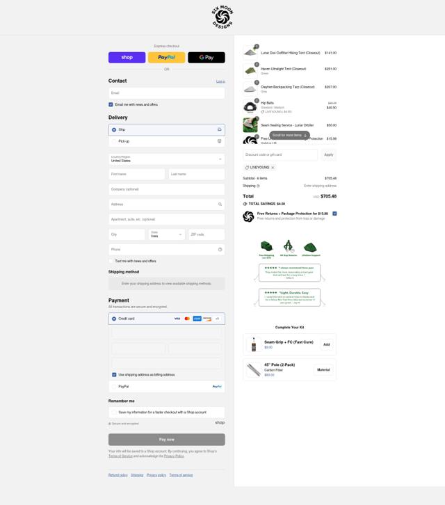 Six Moon Designs checkout page showing Six Moon Designs coupon code box | Screenshot taken by SimplyCodes community member on Aug 29, 2025