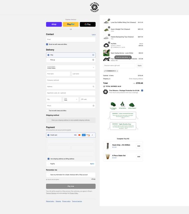 Six Moon Designs checkout page showing Six Moon Designs coupon code box | Screenshot taken by SimplyCodes community member on Sep 7, 2025