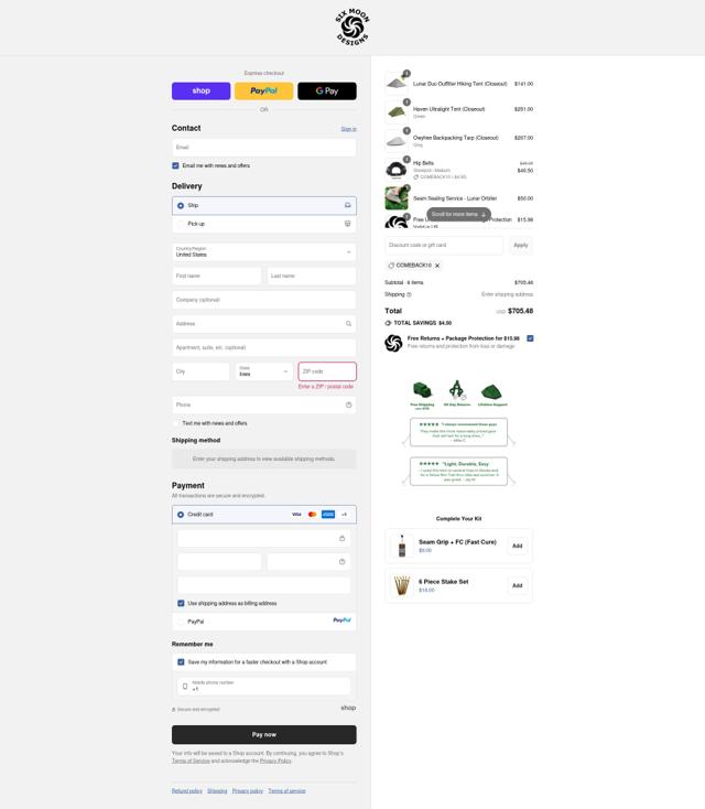 Six Moon Designs checkout page showing Six Moon Designs coupon code box | Screenshot taken by SimplyCodes community member on Sep 10, 2025