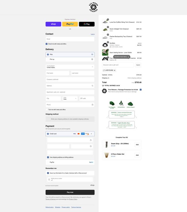Six Moon Designs checkout page showing Six Moon Designs coupon code box | Screenshot taken by SimplyCodes community member on Sep 7, 2025