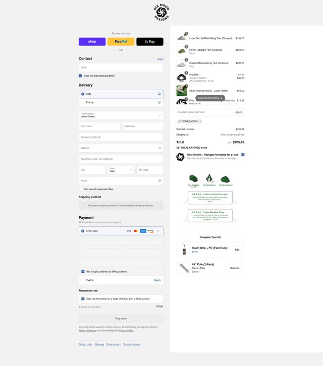 Six Moon Designs checkout page showing Six Moon Designs coupon code box | Screenshot taken by SimplyCodes community member on Aug 29, 2025