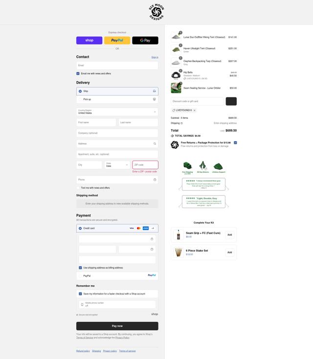 Six Moon Designs checkout page showing Six Moon Designs coupon code box | Screenshot taken by SimplyCodes community member on Sep 10, 2025