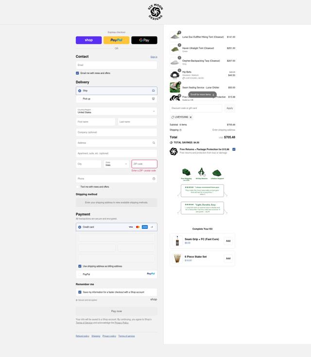 Six Moon Designs checkout page showing Six Moon Designs coupon code box | Screenshot taken by SimplyCodes community member on Sep 10, 2025