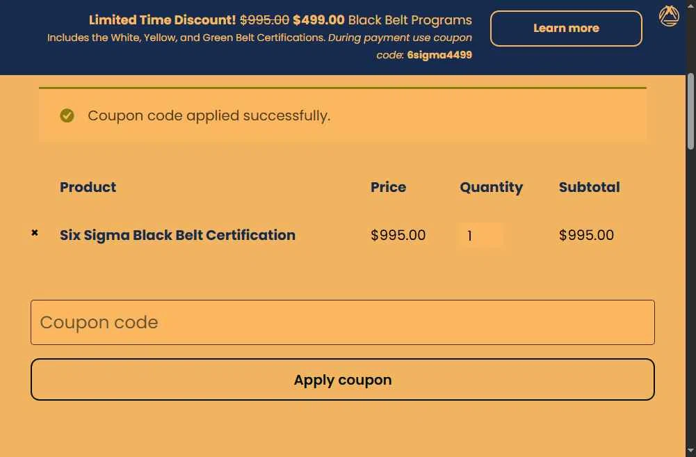 Six Sigma Online checkout page showing Six Sigma Online promo code box | Screenshot taken by SimplyCodes community member on May 12, 2025