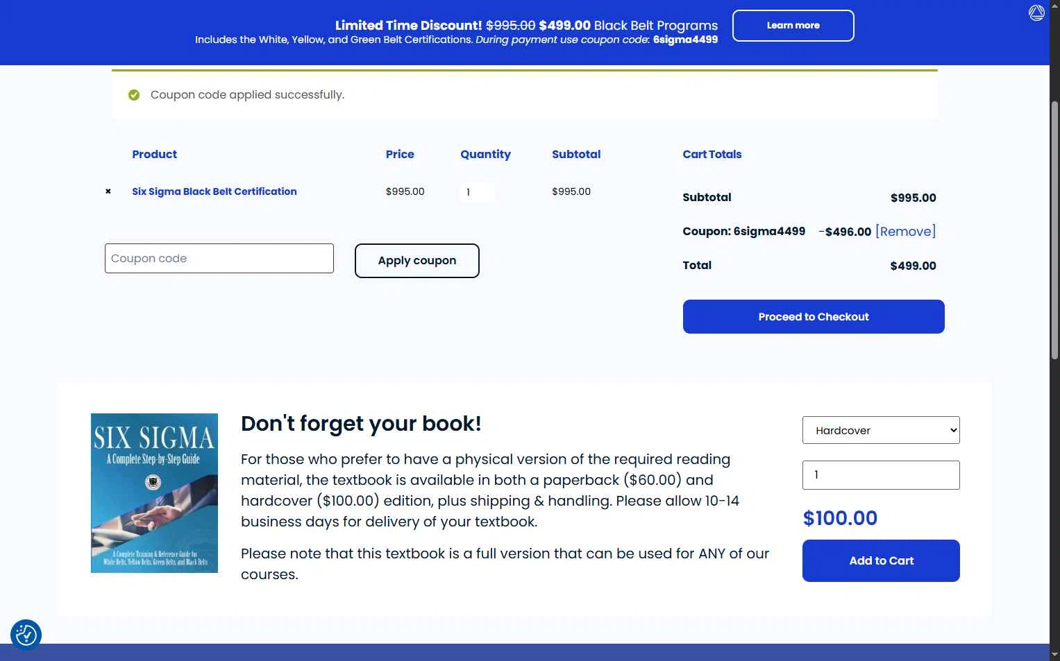 Six Sigma Online checkout page showing Six Sigma Online promo code box | Screenshot taken by SimplyCodes community member on Aug 11, 2025