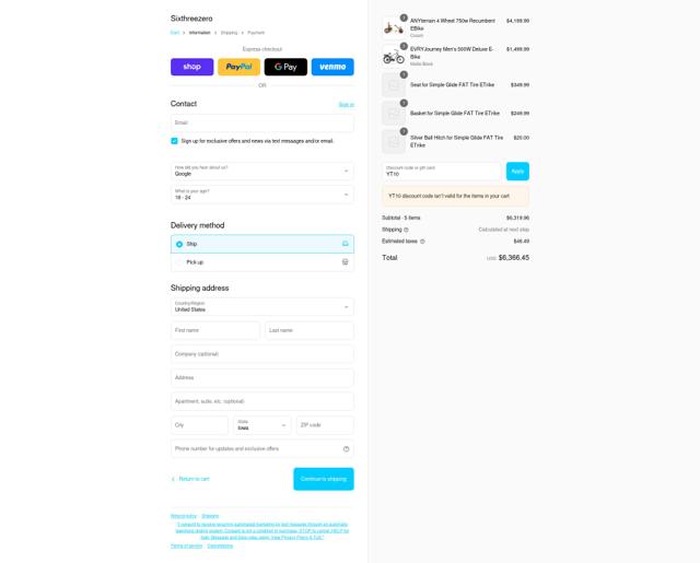 Sixthreezero Bike Co. checkout page showing Sixthreezero Bike Co. promo code box | Screenshot taken by SimplyCodes community member on Sep 14, 2025