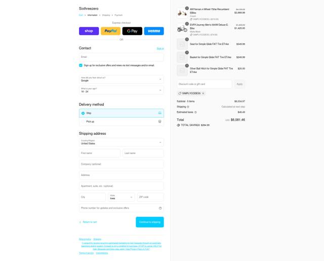 Sixthreezero Bike Co. checkout page showing Sixthreezero Bike Co. promo code box | Screenshot taken by SimplyCodes community member on Sep 14, 2025