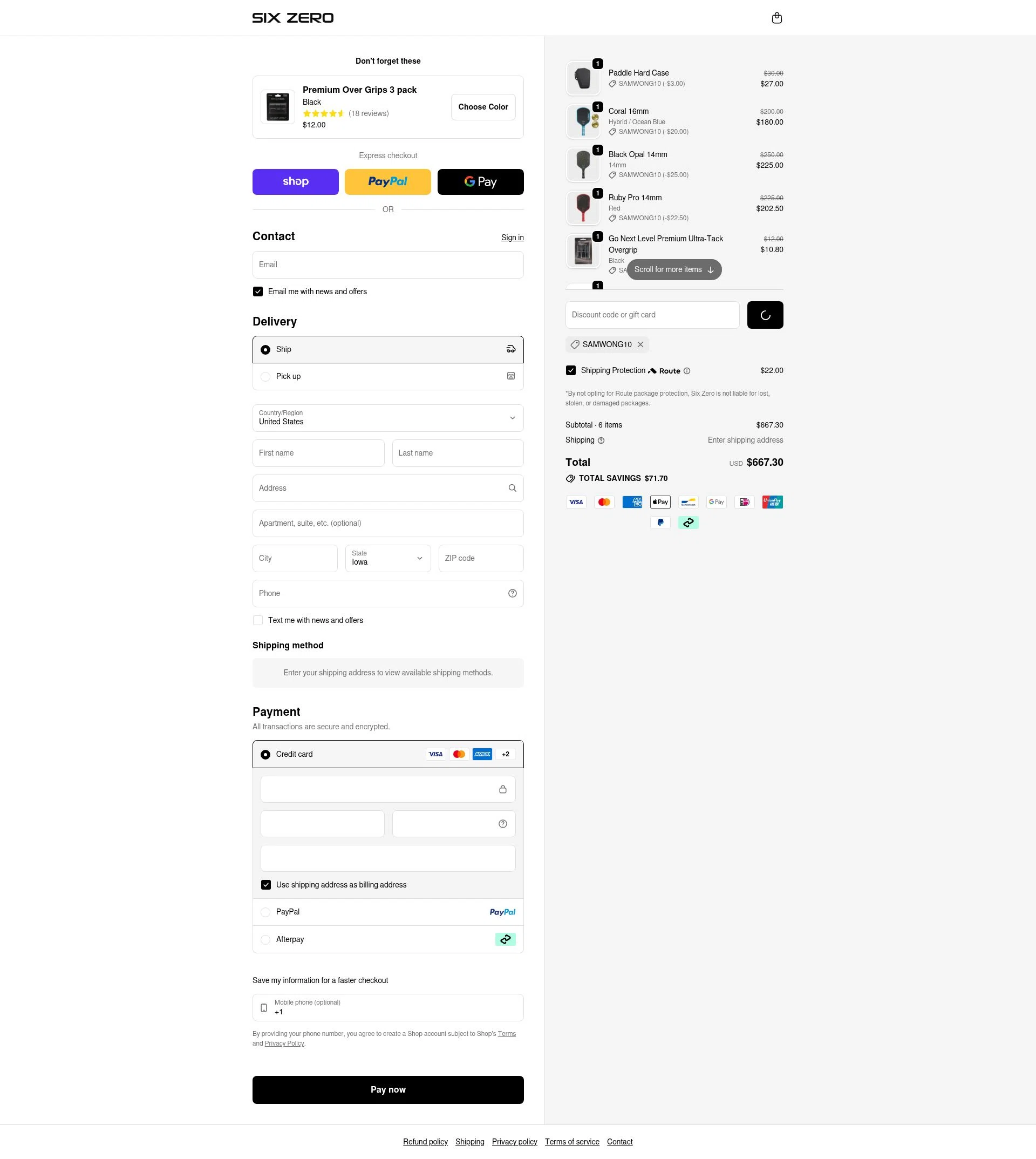Six Zero Pickleball checkout page showing Six Zero Pickleball discount code box | Screenshot taken by SimplyCodes community member on Feb 6, 2026