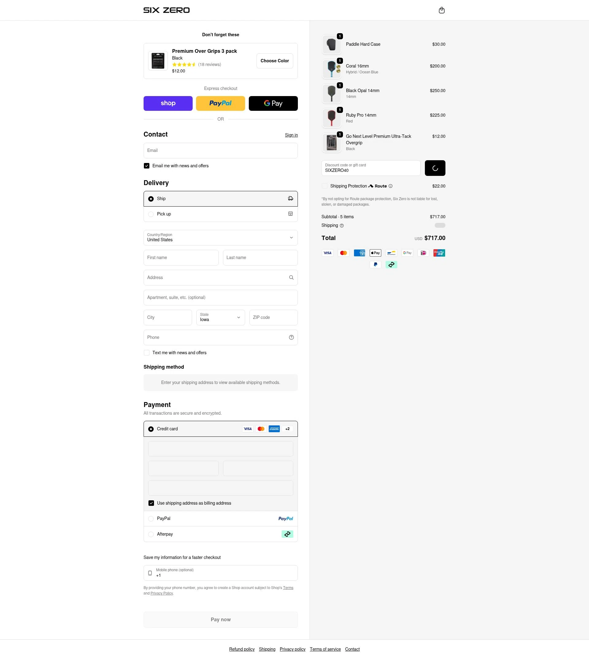 Six Zero Pickleball checkout page showing Six Zero Pickleball discount code box | Screenshot taken by SimplyCodes community member on Feb 10, 2026