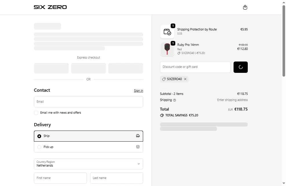 Six Zero Pickleball checkout page showing Six Zero Pickleball discount code box | Screenshot taken by SimplyCodes community member on Feb 9, 2026