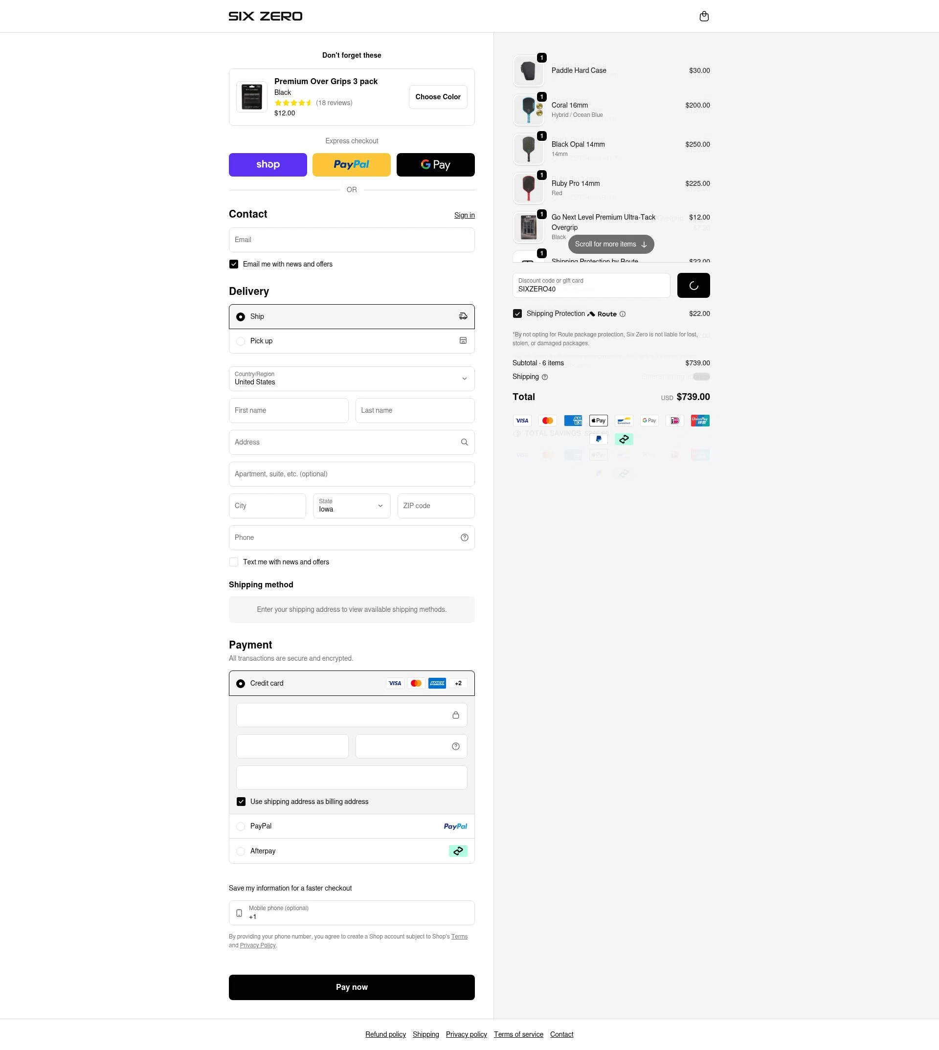 Six Zero Pickleball checkout page showing Six Zero Pickleball discount code box | Screenshot taken by SimplyCodes community member on Feb 6, 2026