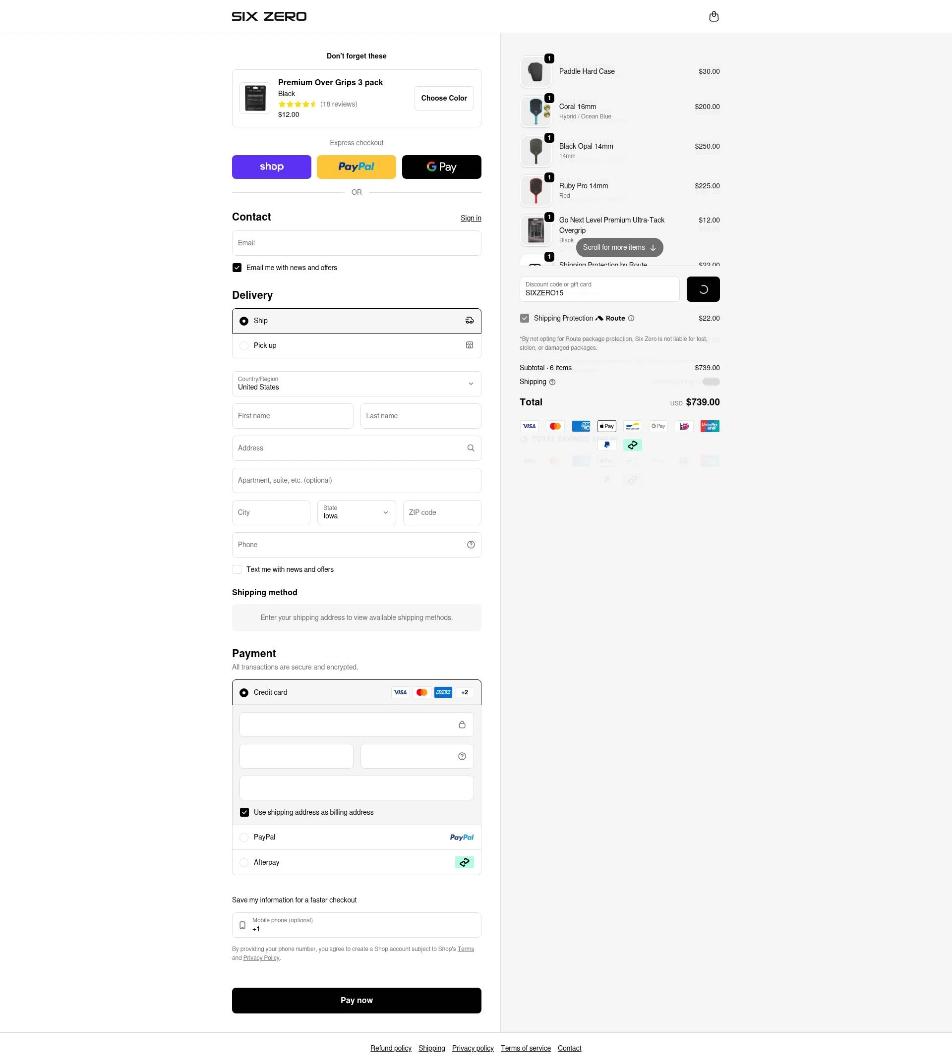 Six Zero Pickleball checkout page showing Six Zero Pickleball discount code box | Screenshot taken by SimplyCodes community member on Feb 6, 2026