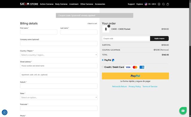 SJCAM checkout page showing SJCAM promo code box | Screenshot taken by SimplyCodes community member on Aug 13, 2025