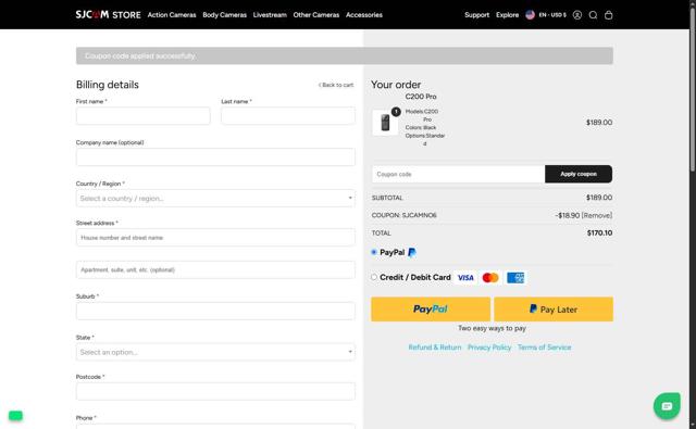 SJCAM checkout page showing SJCAM promo code box | Screenshot taken by SimplyCodes community member on Jul 15, 2025