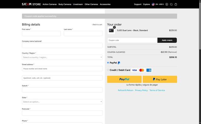 SJCAM checkout page showing SJCAM promo code box | Screenshot taken by SimplyCodes community member on Jul 26, 2025