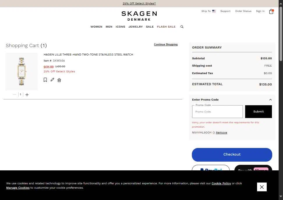 Skagen checkout page showing Skagen promo code box | Screenshot taken by SimplyCodes community member on Oct 24, 2025