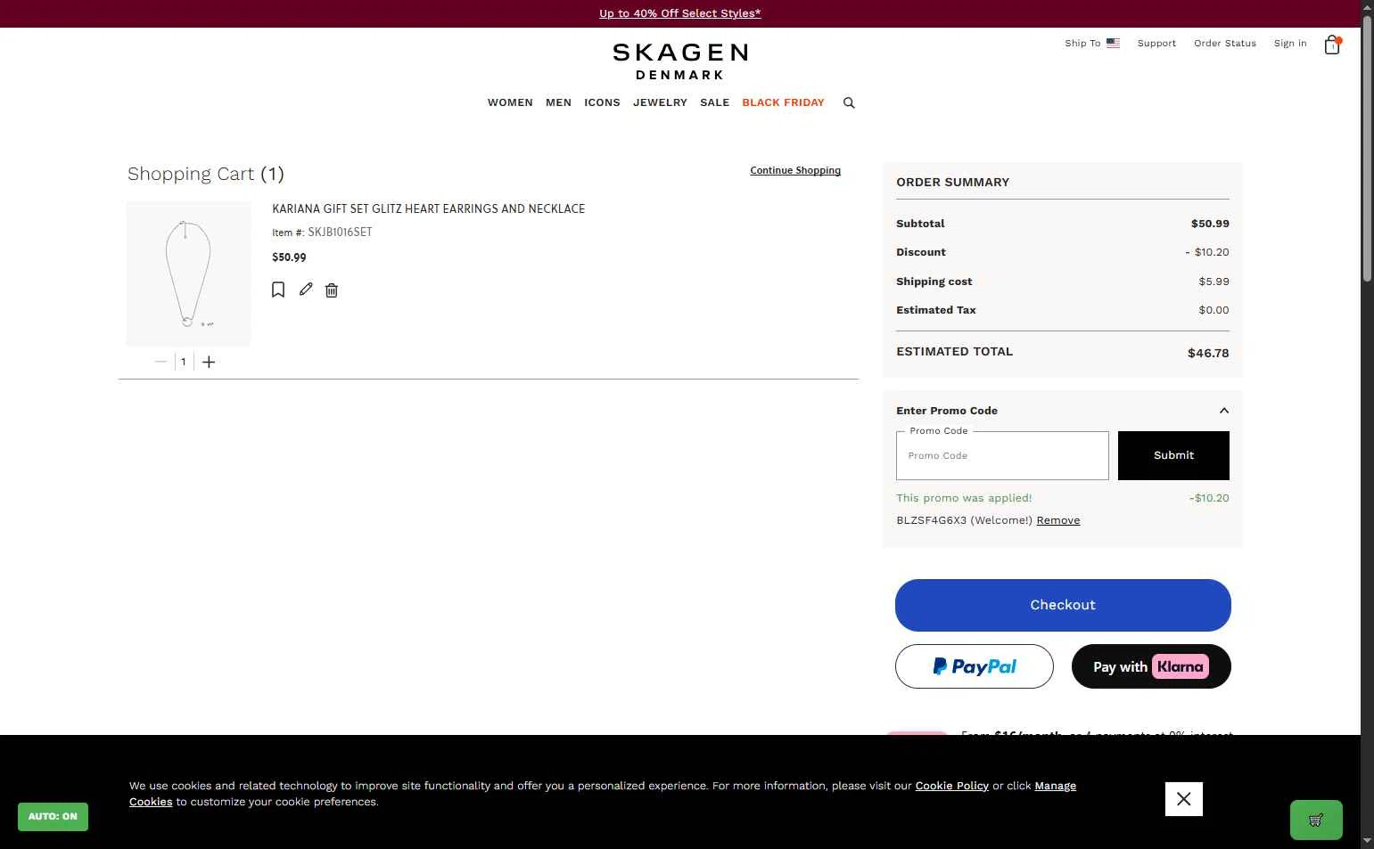 Skagen checkout page showing Skagen promo code box | Screenshot taken by SimplyCodes community member on Nov 27, 2025