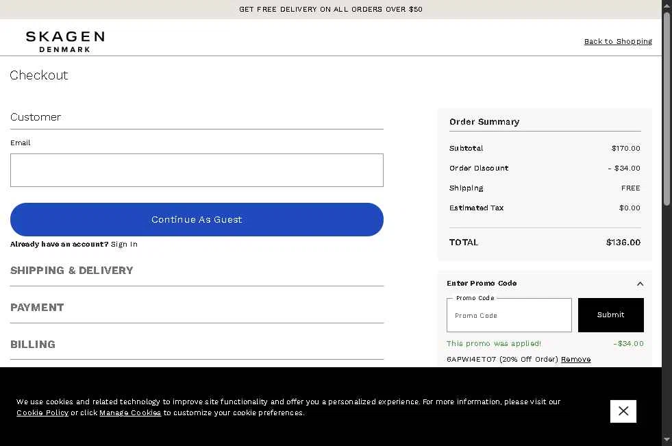 Skagen checkout page showing Skagen promo code box | Screenshot taken by SimplyCodes community member on Jan 30, 2026