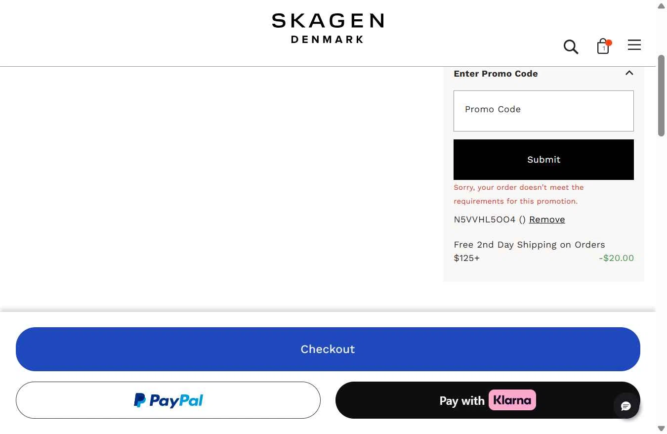 Skagen checkout page showing Skagen promo code box | Screenshot taken by SimplyCodes community member on Dec 21, 2025