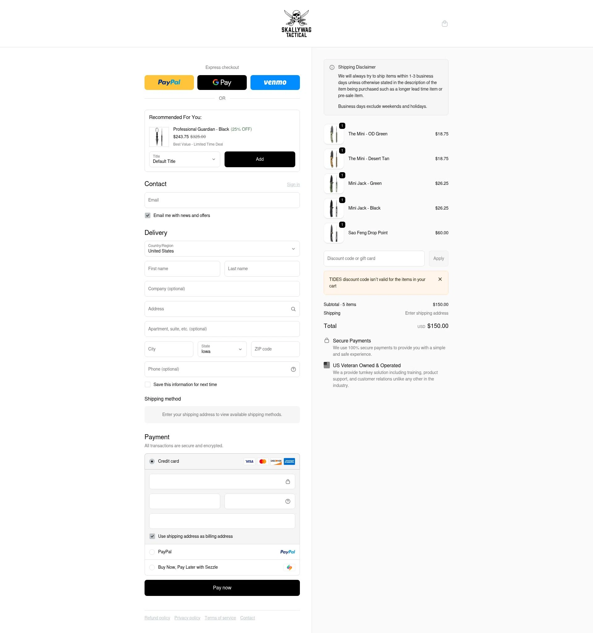 Skallywag Tactical checkout page showing Skallywag Tactical discount code box | Screenshot taken by SimplyCodes community member on Dec 28, 2025