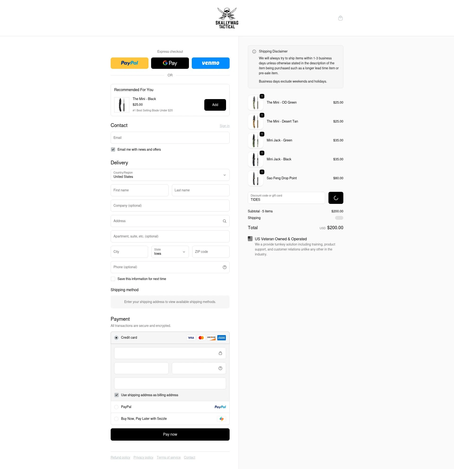 Skallywag Tactical checkout page showing Skallywag Tactical discount code box | Screenshot taken by SimplyCodes community member on Dec 23, 2025