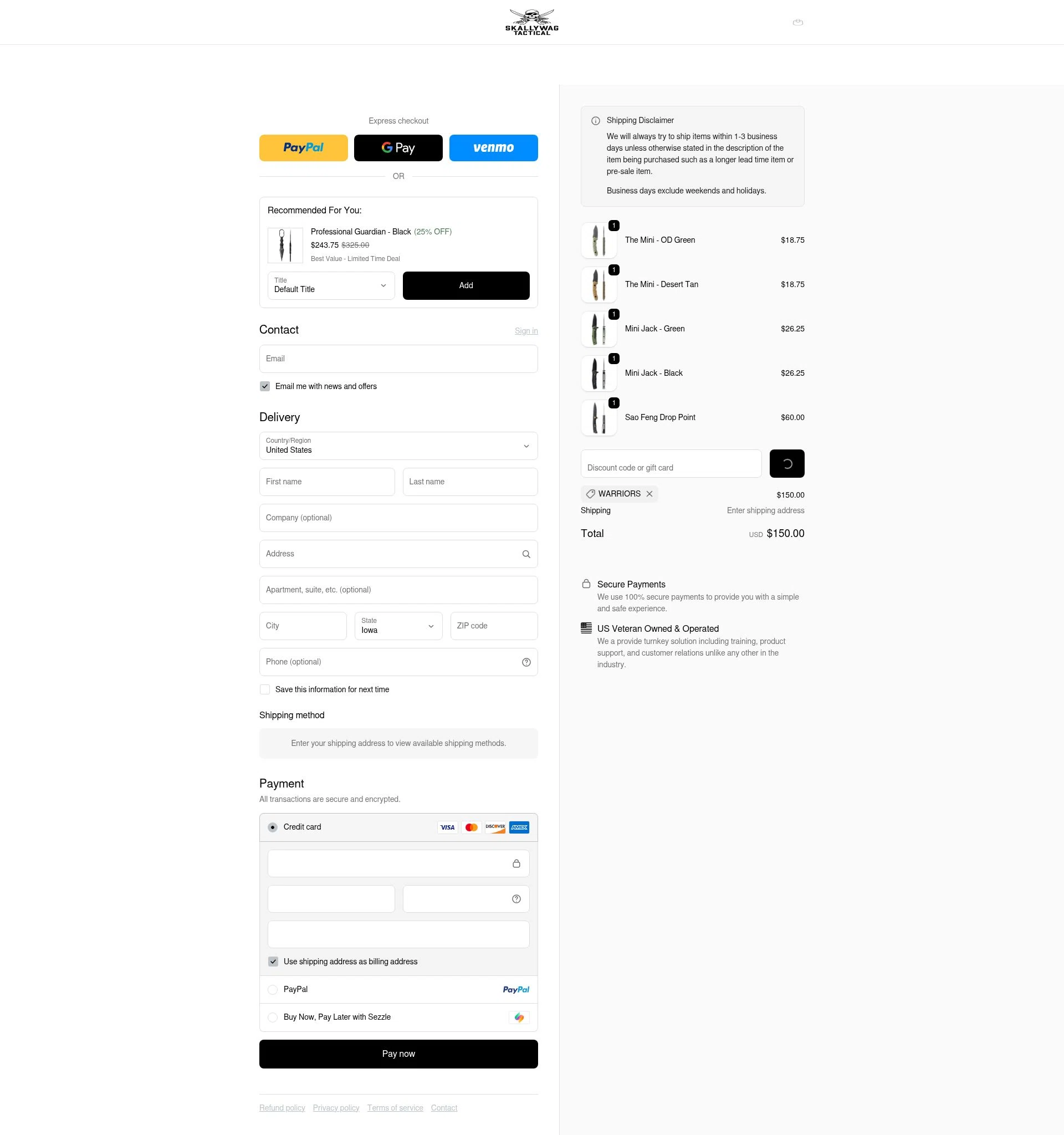 Skallywag Tactical checkout page showing Skallywag Tactical discount code box | Screenshot taken by SimplyCodes community member on Dec 28, 2025