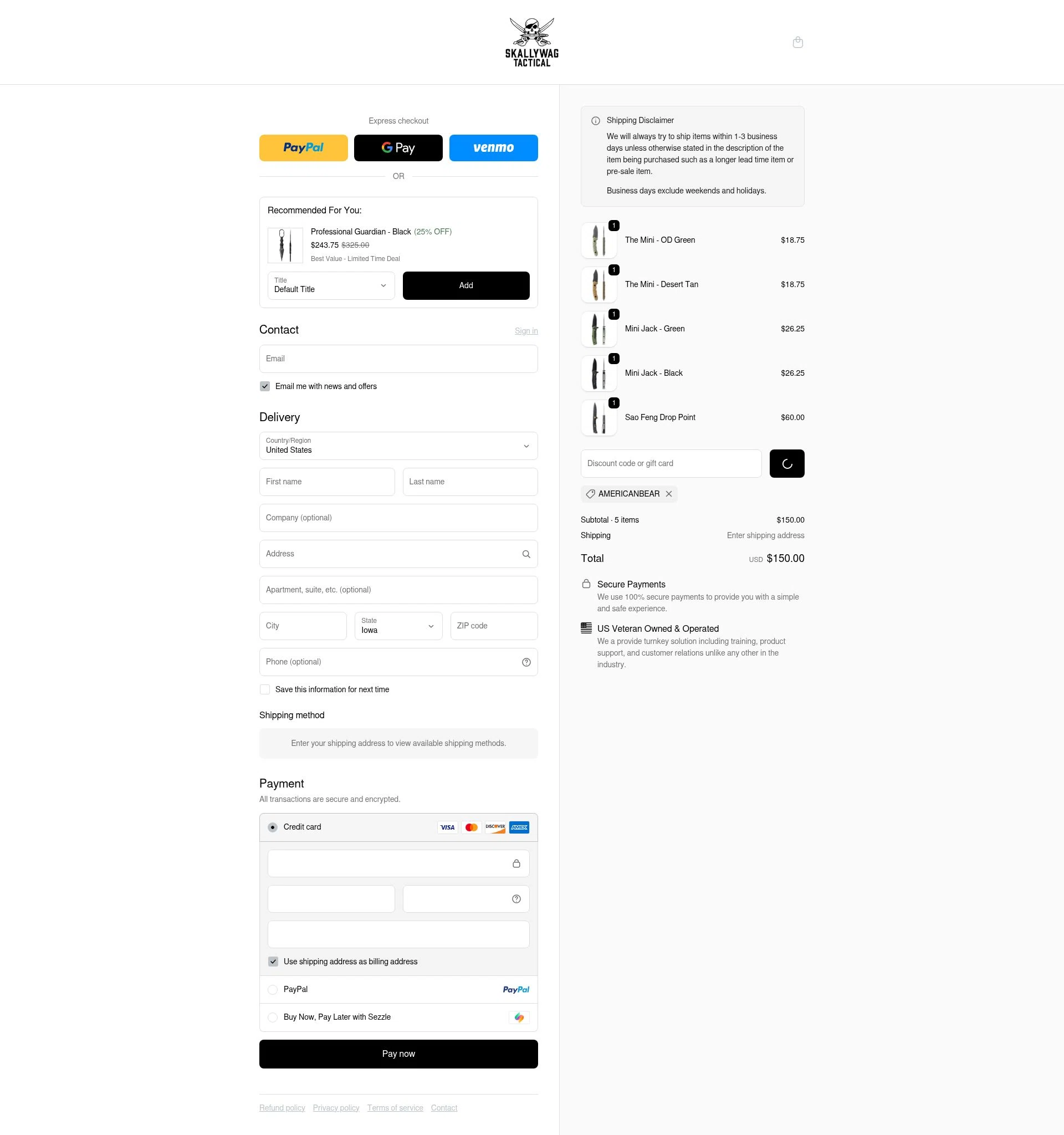 Skallywag Tactical checkout page showing Skallywag Tactical discount code box | Screenshot taken by SimplyCodes community member on Dec 28, 2025