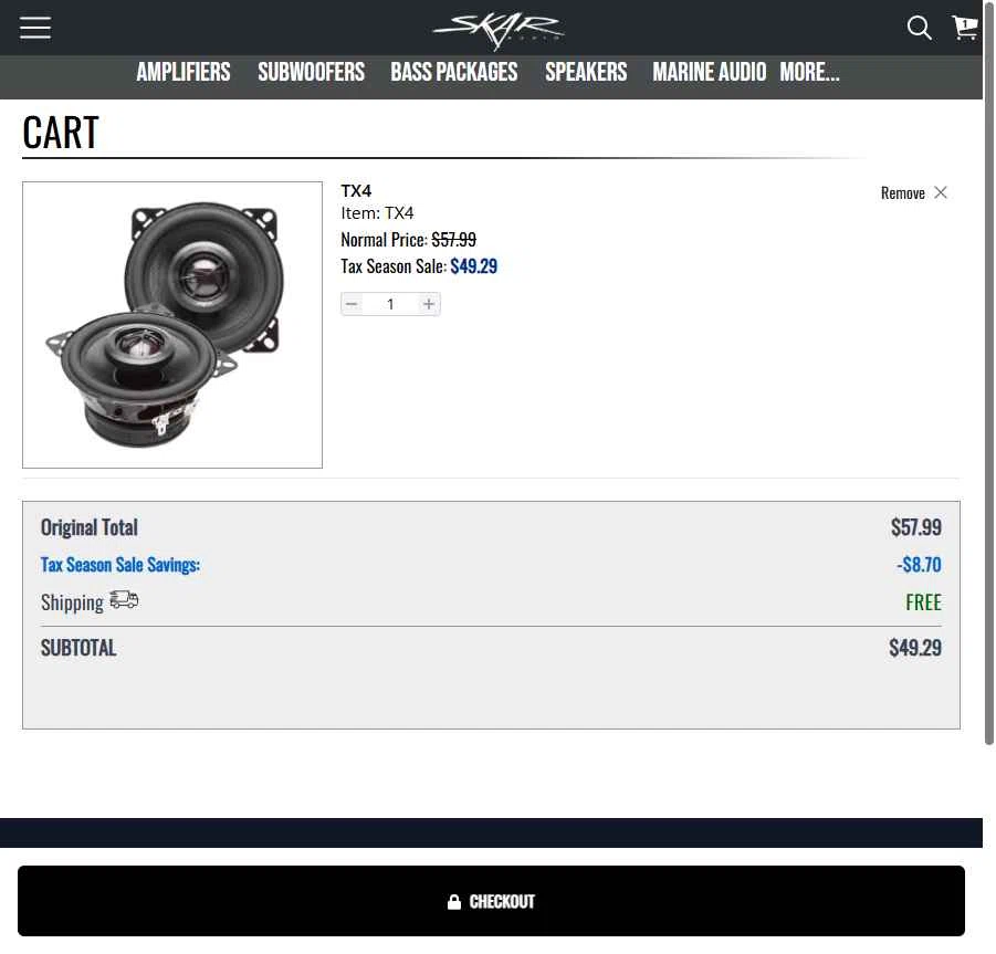 Skar Audio checkout page showing Skar Audio discount code box | Screenshot taken by SimplyCodes community member on May 6, 2025