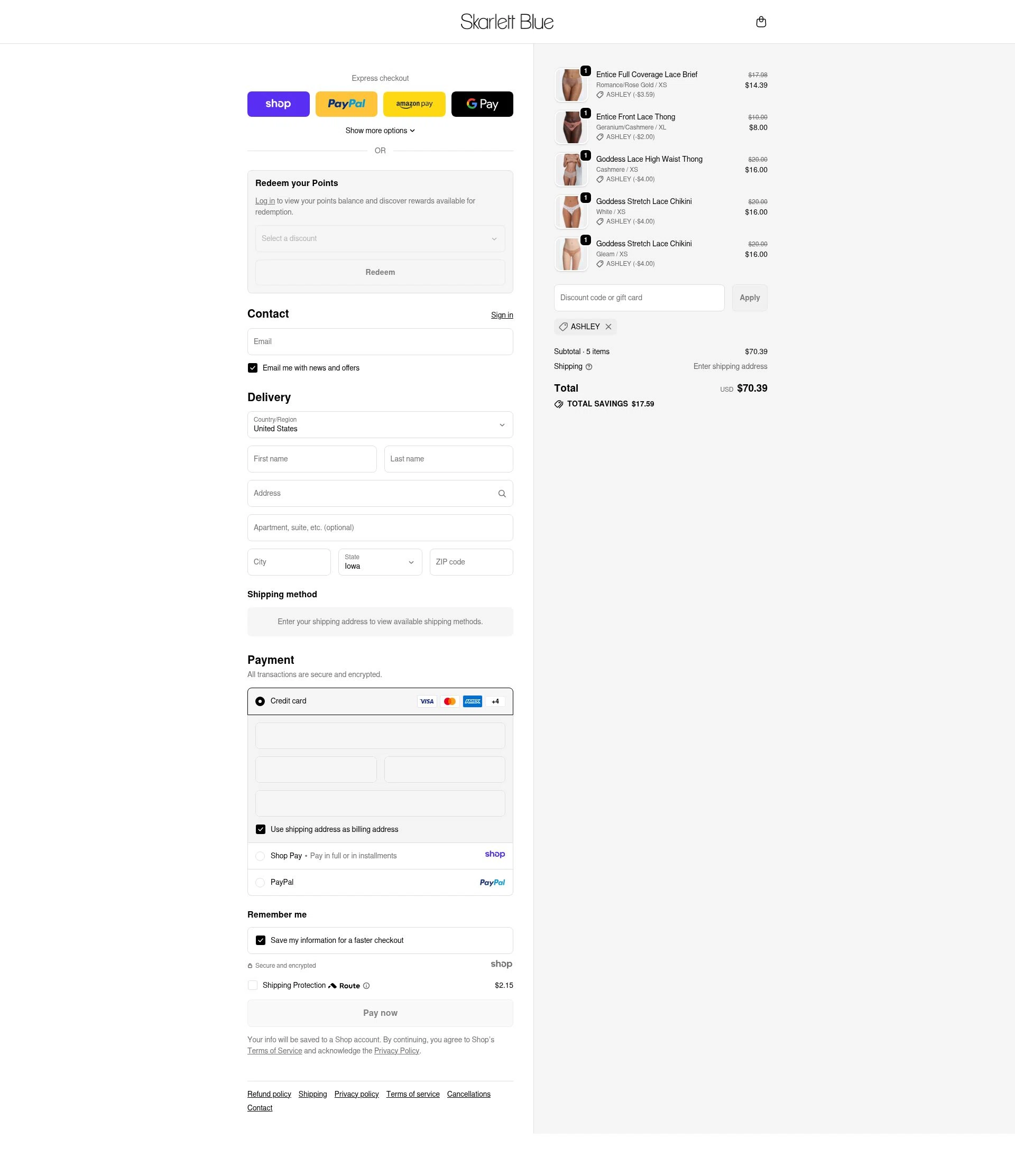 Skarlett Blue checkout page showing Skarlett Blue promo code box | Screenshot taken by SimplyCodes community member on Dec 26, 2025