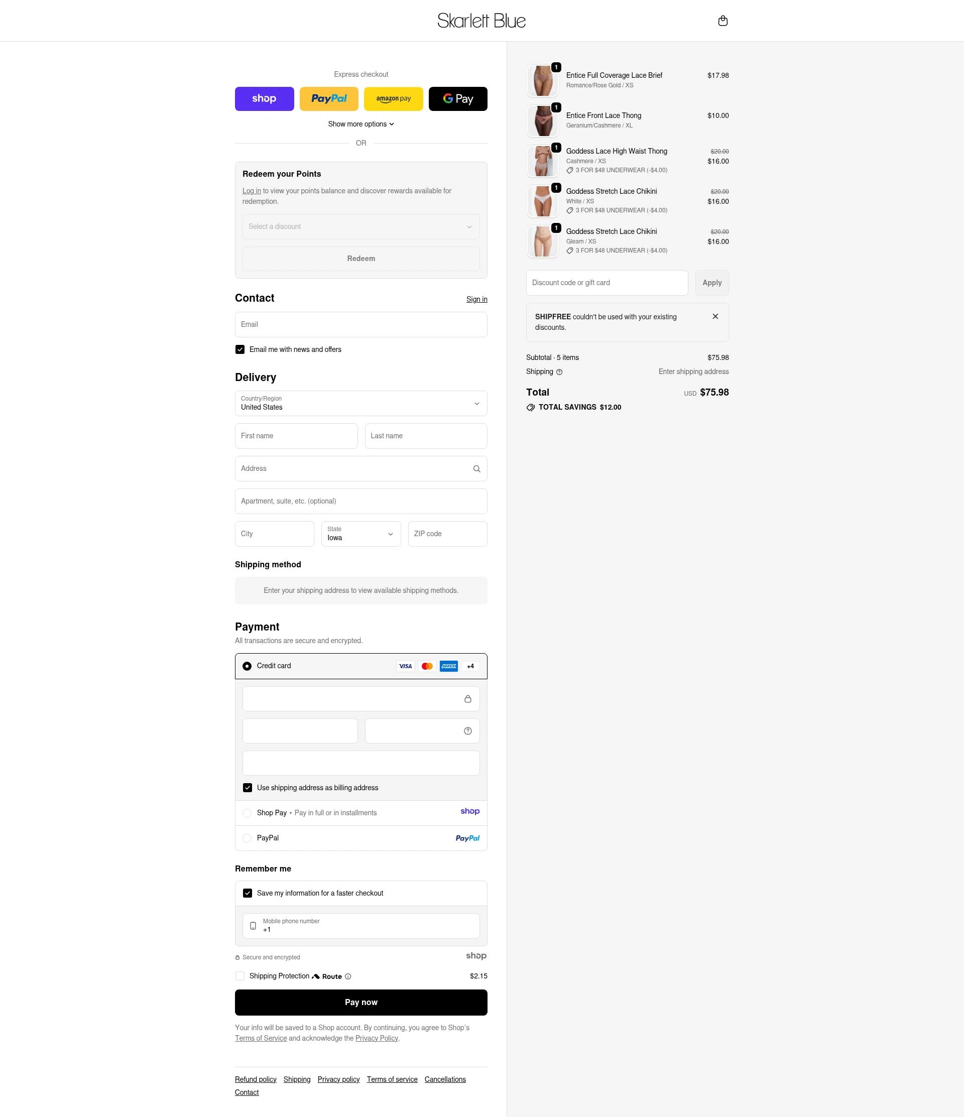 Skarlett Blue checkout page showing Skarlett Blue promo code box | Screenshot taken by SimplyCodes community member on Dec 26, 2025