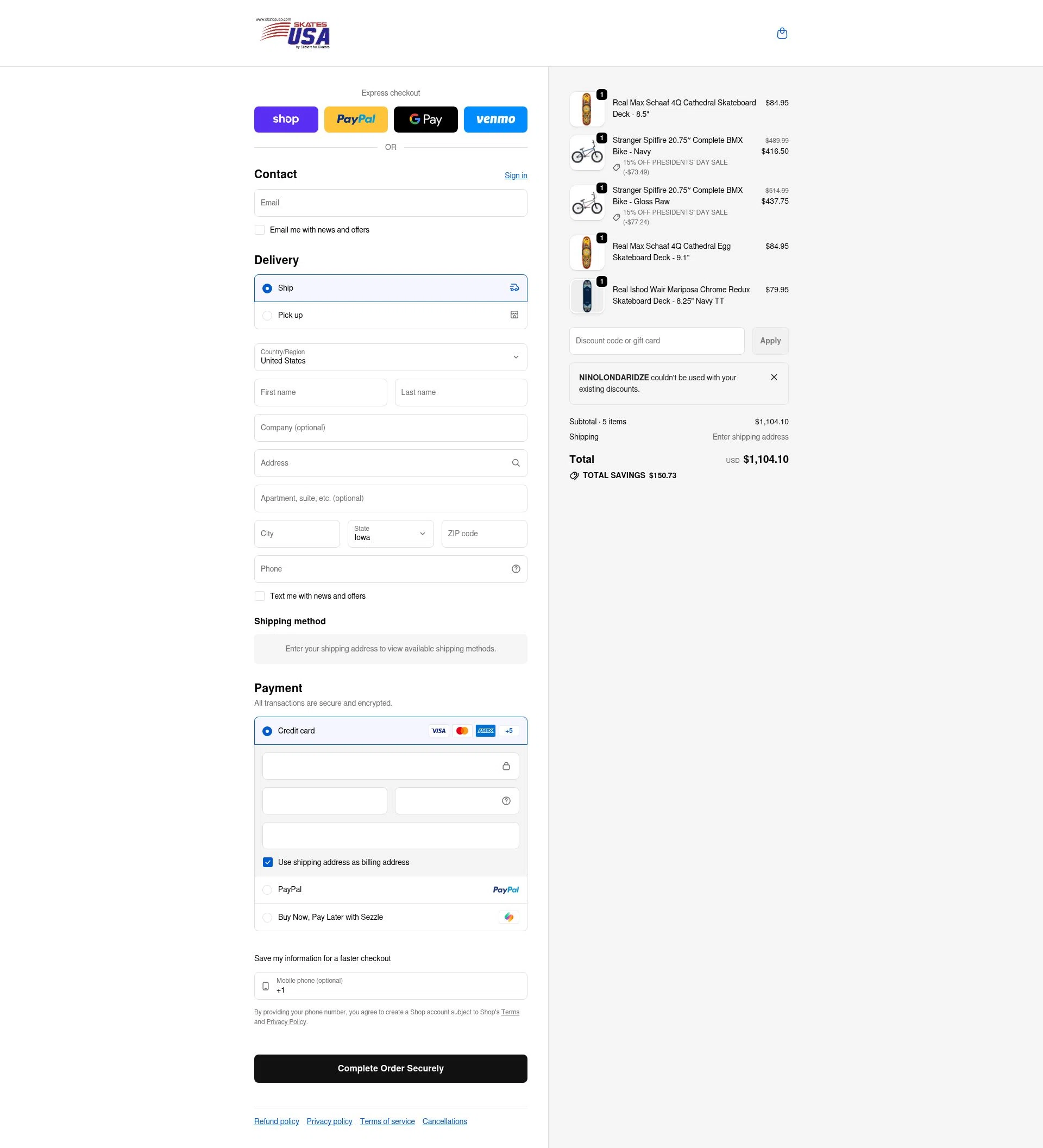 SkatesUSA checkout page showing SkatesUSA discount code box | Screenshot taken by SimplyCodes community member on Feb 17, 2026