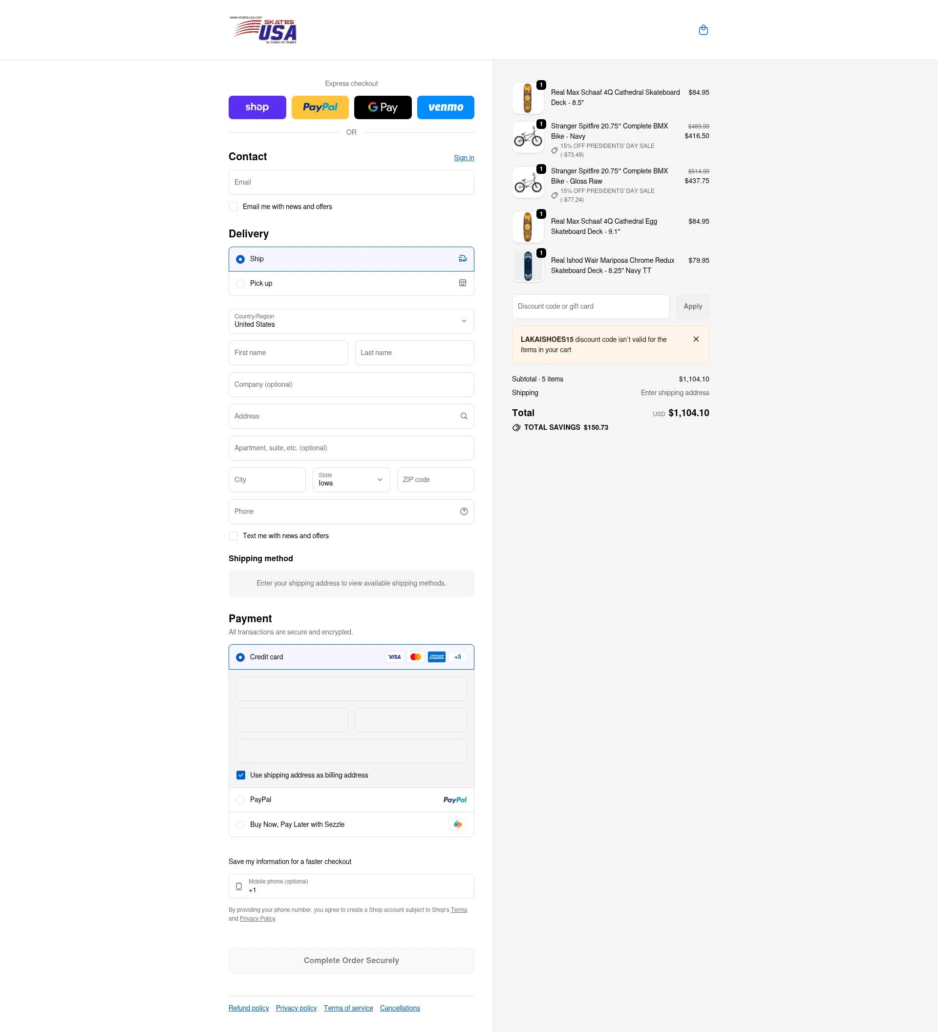 SkatesUSA checkout page showing SkatesUSA discount code box | Screenshot taken by SimplyCodes community member on Feb 17, 2026