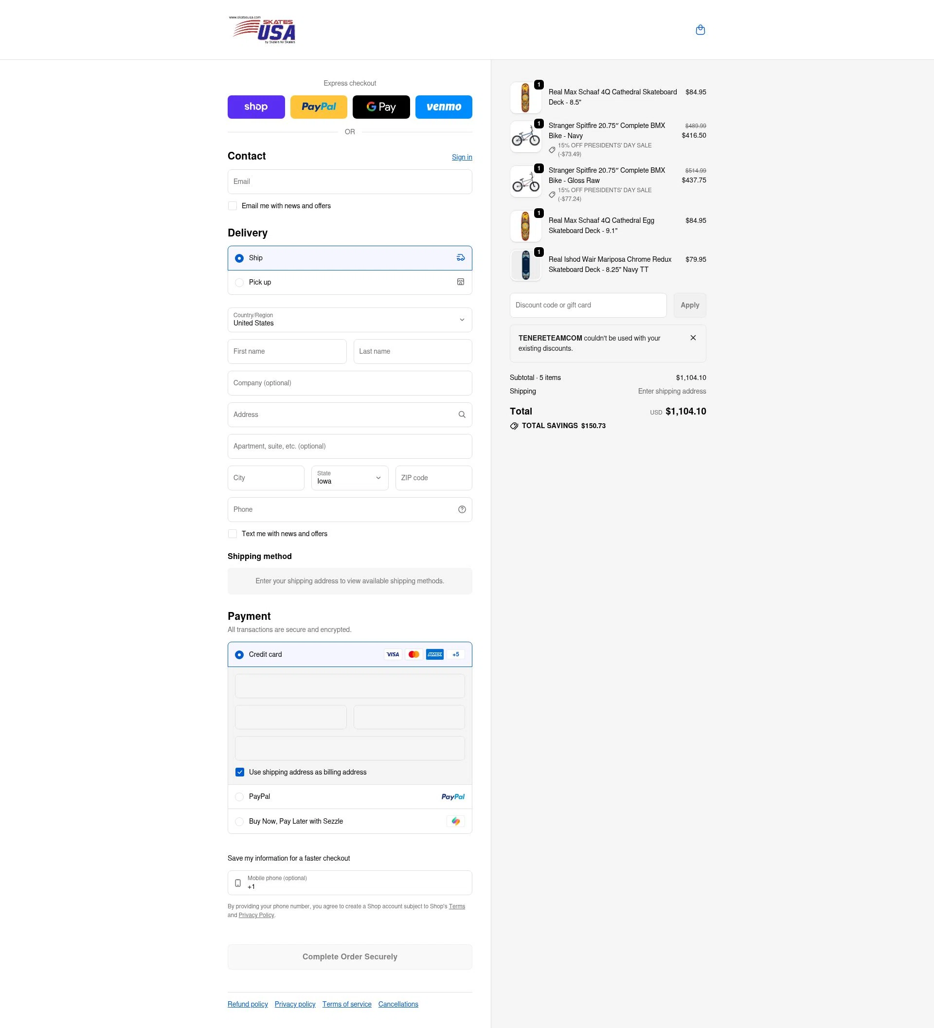 SkatesUSA checkout page showing SkatesUSA discount code box | Screenshot taken by SimplyCodes community member on Feb 17, 2026