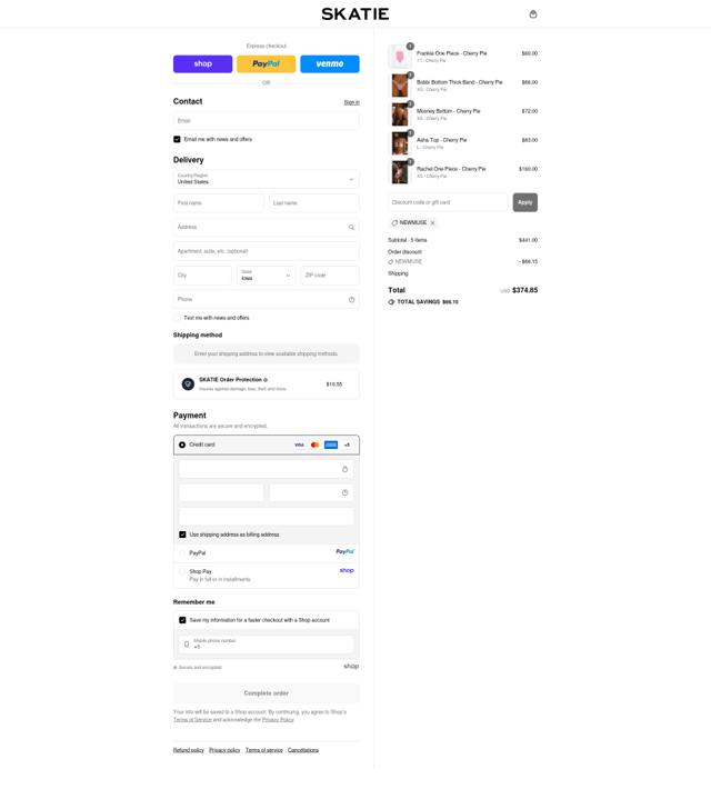 Skatie checkout page showing Skatie discount code box | Screenshot taken by SimplyCodes community member on Sep 12, 2025
