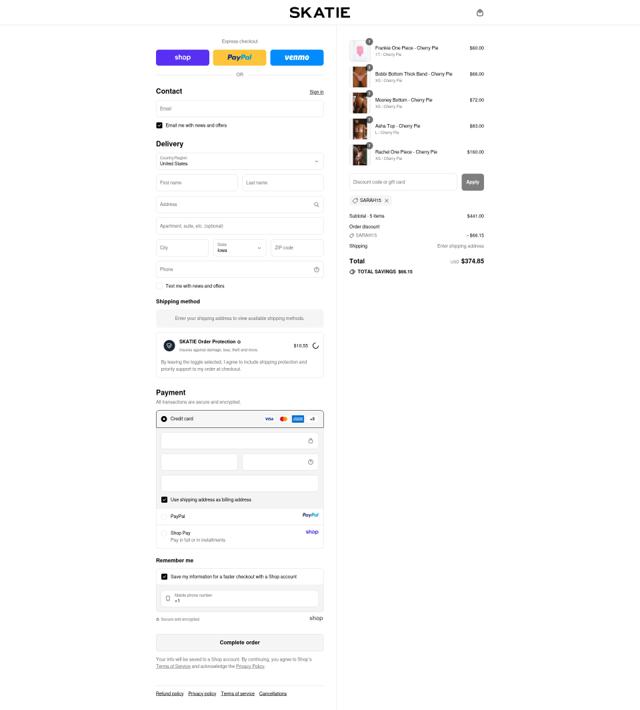 Skatie checkout page showing Skatie discount code box | Screenshot taken by SimplyCodes community member on Sep 12, 2025