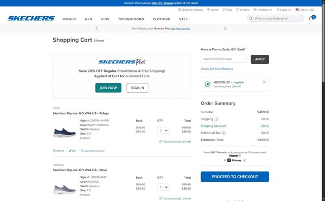 SKECHERS checkout page showing SKECHERS coupon code box | Screenshot taken by SimplyCodes community member on Aug 22, 2025