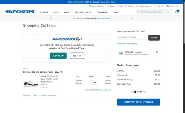 SKECHERS checkout page showing SKECHERS coupon code box | Screenshot taken by SimplyCodes community member on Aug 19, 2025