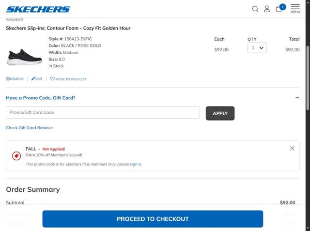 SKECHERS checkout page showing SKECHERS coupon code box | Screenshot taken by SimplyCodes community member on Aug 22, 2025