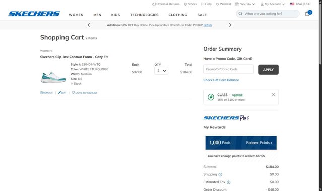 SKECHERS checkout page showing SKECHERS coupon code box | Screenshot taken by SimplyCodes community member on Aug 14, 2025