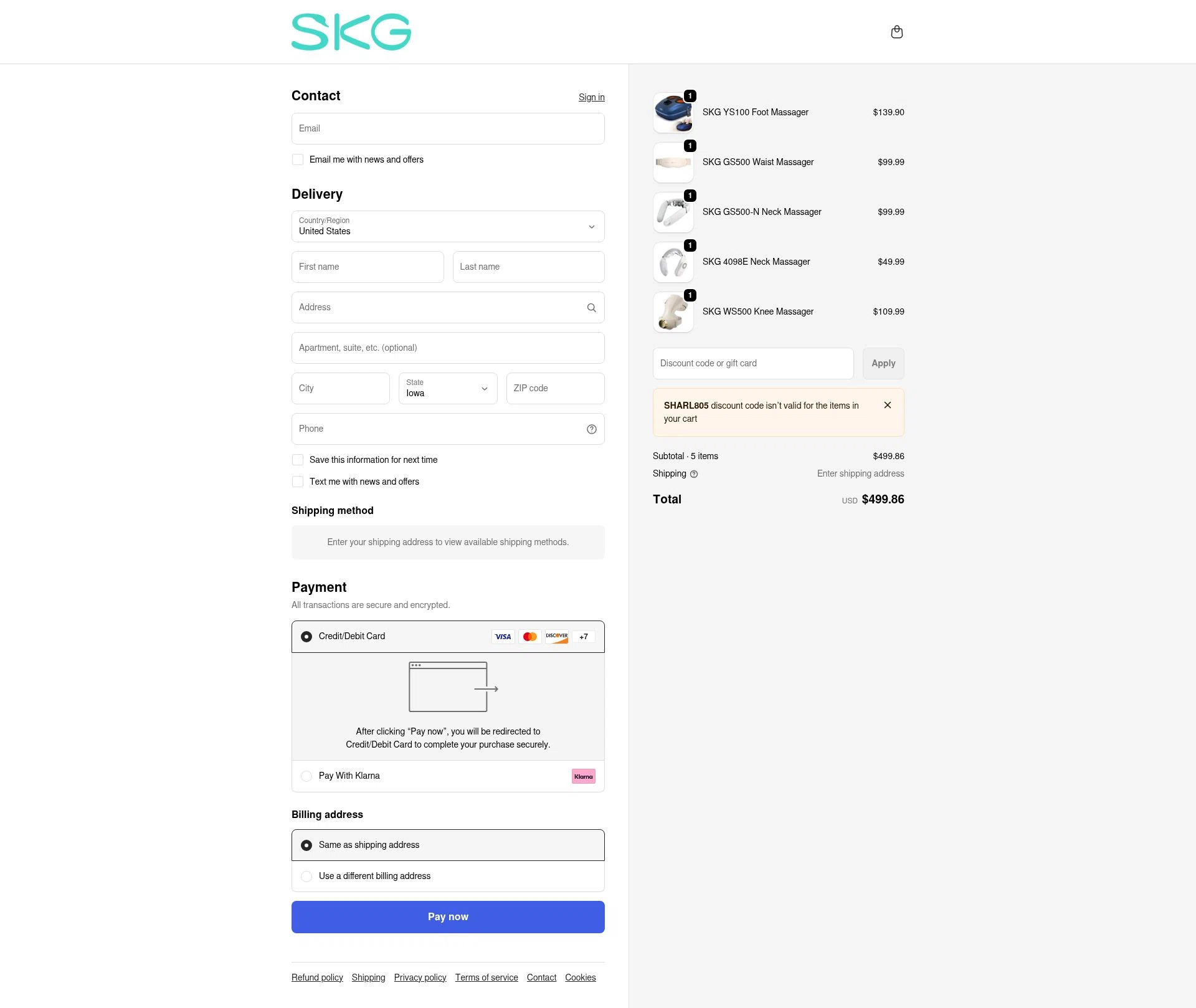 SKG checkout page showing SKG promo code box | Screenshot taken by SimplyCodes community member on Jan 5, 2026