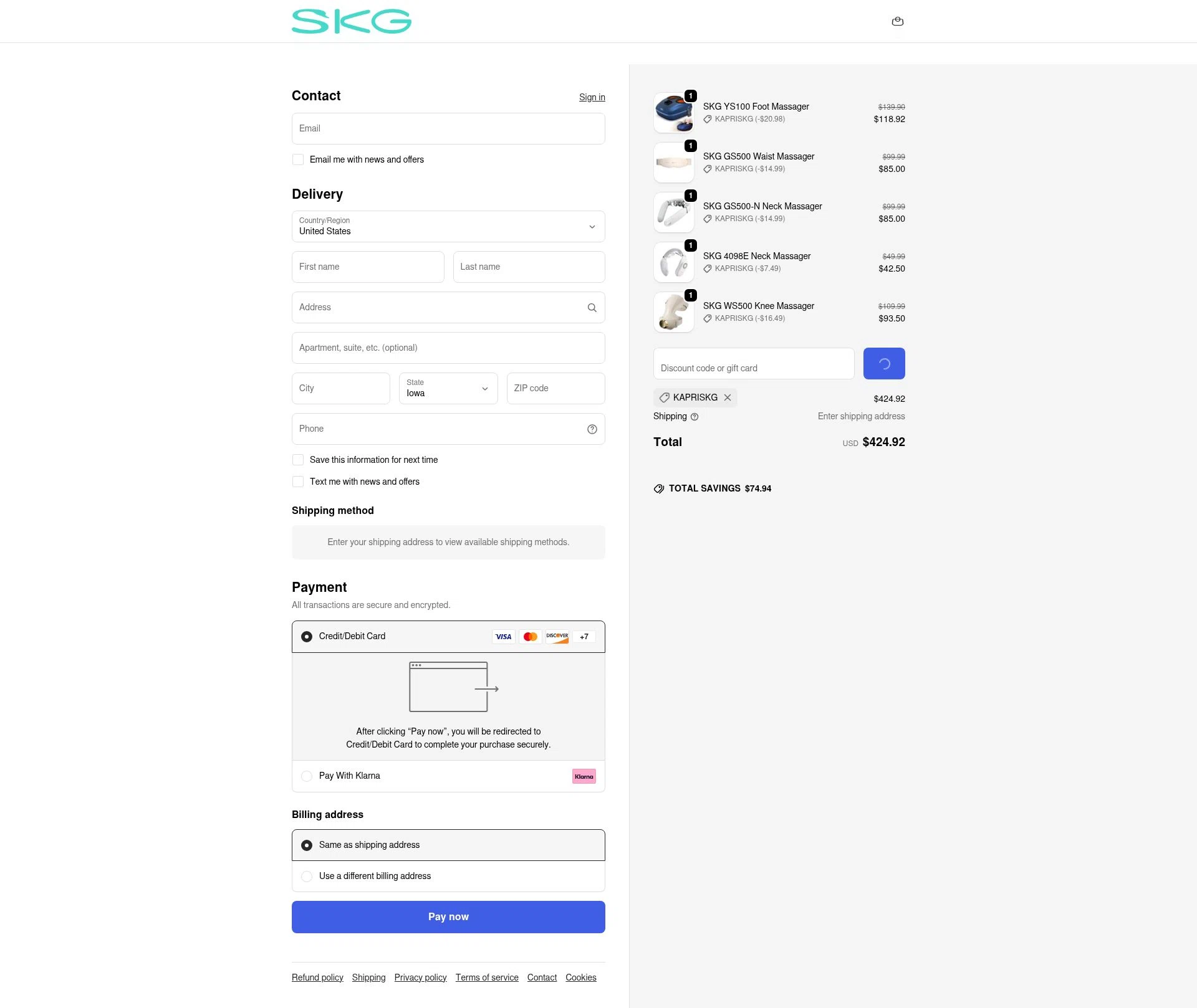 SKG checkout page showing SKG promo code box | Screenshot taken by SimplyCodes community member on Dec 31, 2025