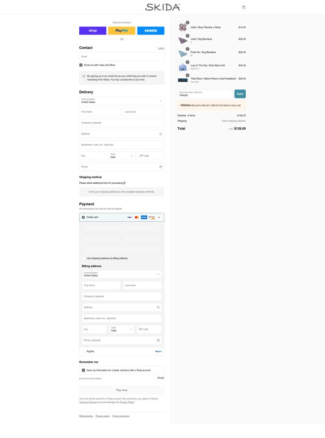 Skida checkout page showing Skida discount code box | Screenshot taken by SimplyCodes community member on Aug 29, 2025