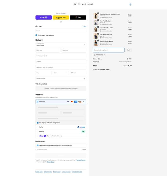 Skies Are Blue checkout page showing Skies Are Blue discount code box | Screenshot taken by SimplyCodes community member on Mar 18, 2025
